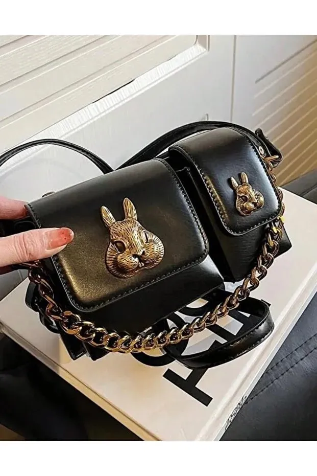 Women Black Baguette Bag With Squirrel Accessory Design Elegant Shoulder Handbag - Shop at LoveMi