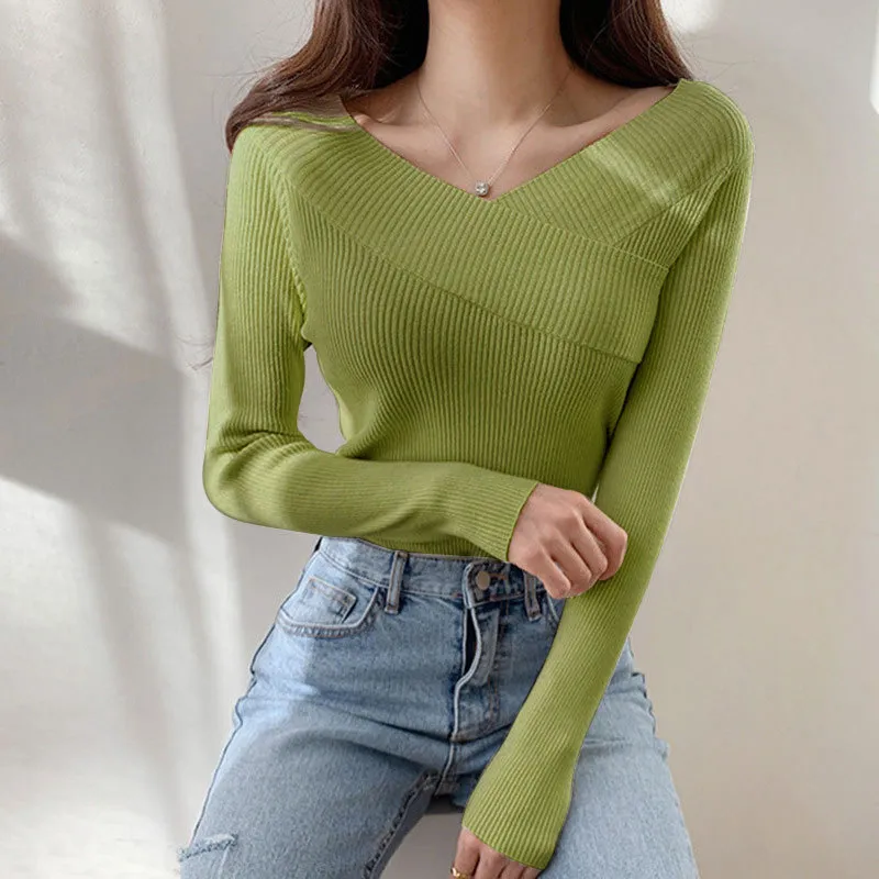 Autumn And Winter Sweater Women's Long Sleeve Top With Bottom - Avocado Green