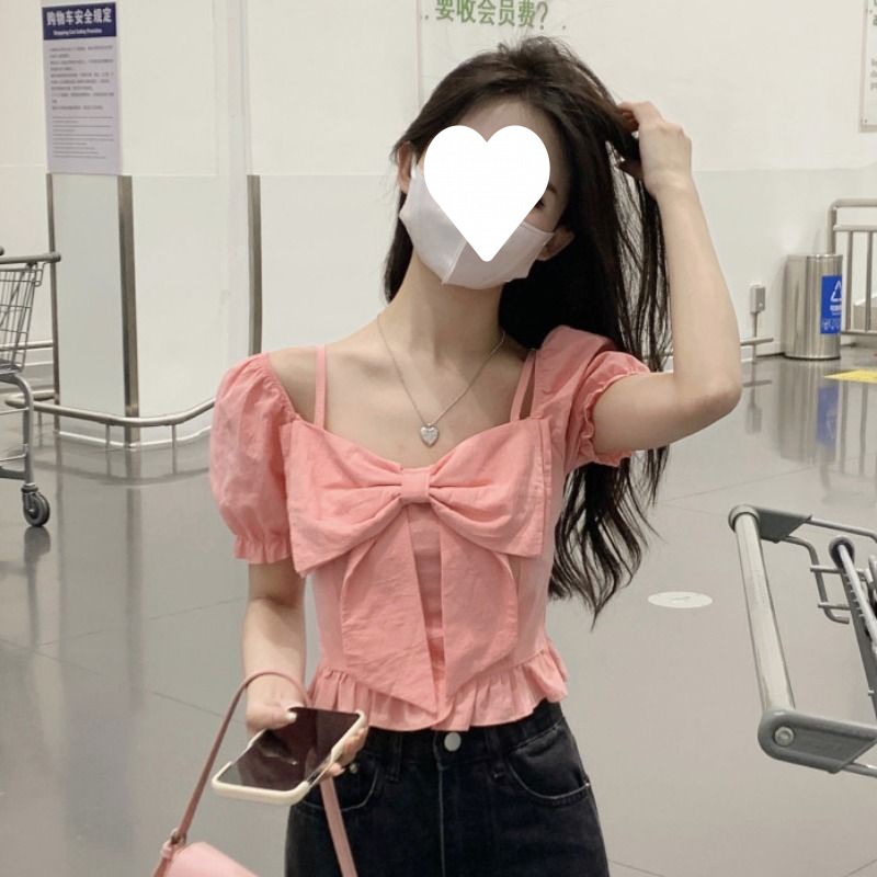 Off Shoulder Short Top For Women's Sweet And Unique Square Neck Bubble Sleeves