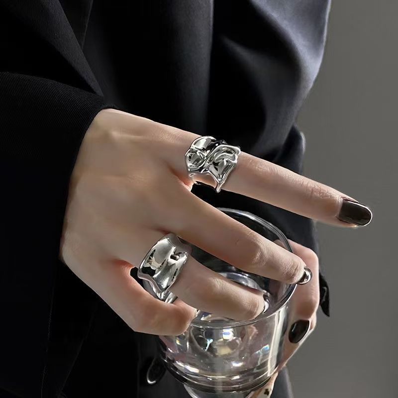 Grooved Wide Band Ring, Unisex Ins Niche Design, Light Luxury High-End Sense, Hip-Hop Irregular Adjustable Open Index Finger Ring