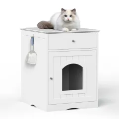 Wooden Pet House Cat Litter Box Enclosure, Side Table, Indoor Crate - White - View 1