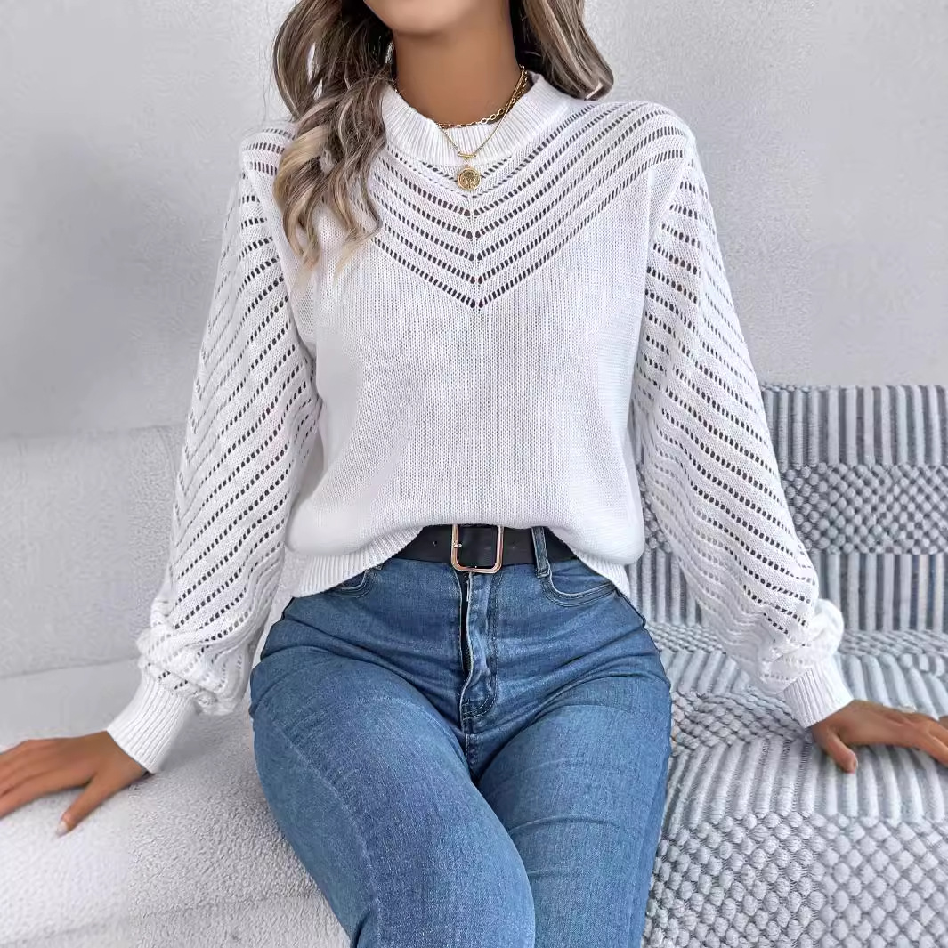 Casual Hollow Round Neck Pullover Sweater Fashion Solid Color Lantern Sleeve Top - Picture 5 of 5