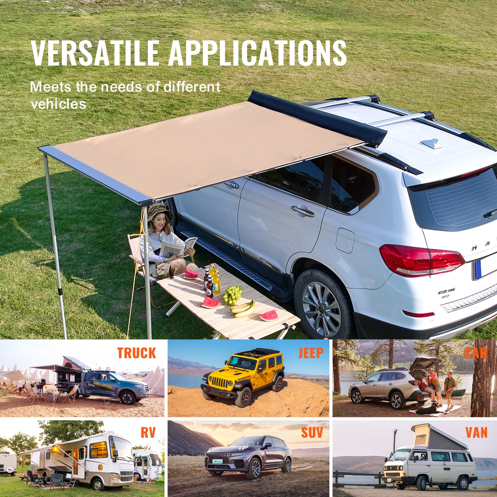 Unavailable Channels-Amazon Temu Car Side Awning, Large 4.6'x6.6' Shade Coverage Vehicle Awning, PU3000mm UV50 Retractable Car Awning With Waterproof Storage Bag, Suitable For Truck, SUV, Van, Campers