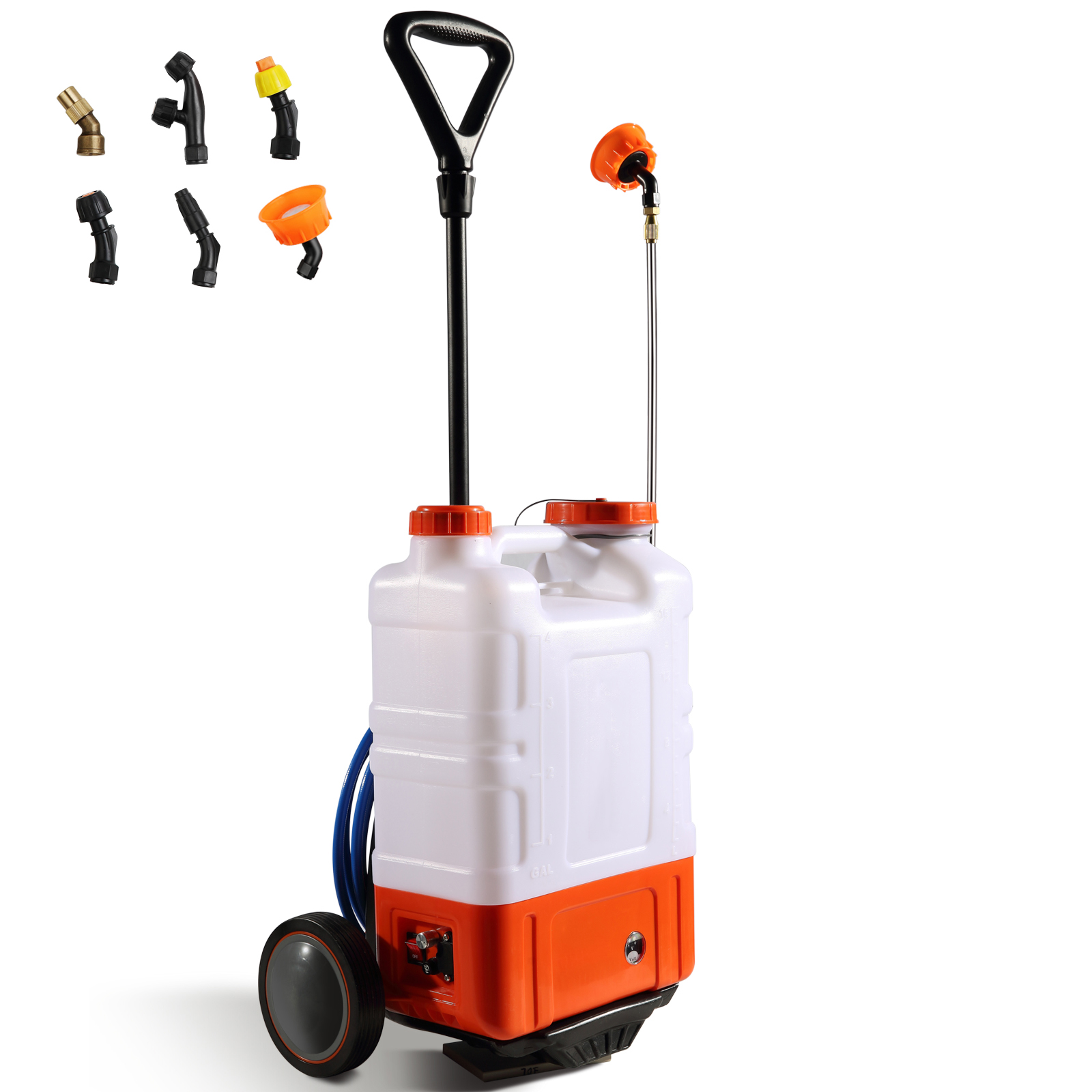 VEVOR Battery Powered Backpack Sprayer With Cart, 0-94 PSI Adjustable Pressure, 4 Gallon Tank On Wheels, With 8 Nozzles And 2 Wands, 12V 7.2Ah Battery, Wide Mouth Lid For Weeding, Spraying, Cleaning image 4