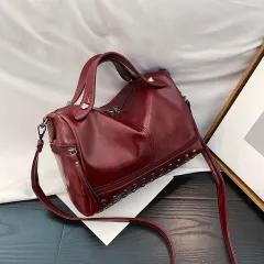 Oil Leather Handbag Shoulder Bag Personality Rivet Crossbody - Red - View 1