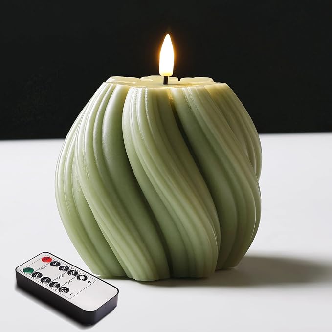 Sage Green Swirl Flameless LED Candle With Remote Control And Timer