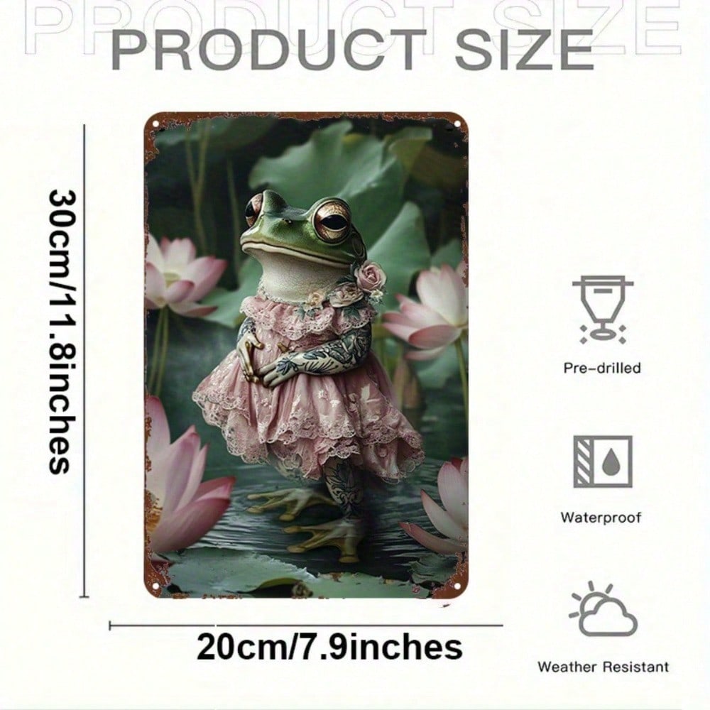 Frog Lady Tin Sign 8x12, 2D Flat Metal Wall Art Lotus Pond Vintage Decor