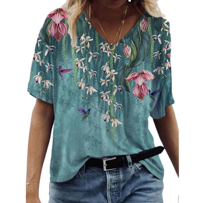 Women's Casual Floral Print V-neck Short-sleeved T-shirt
