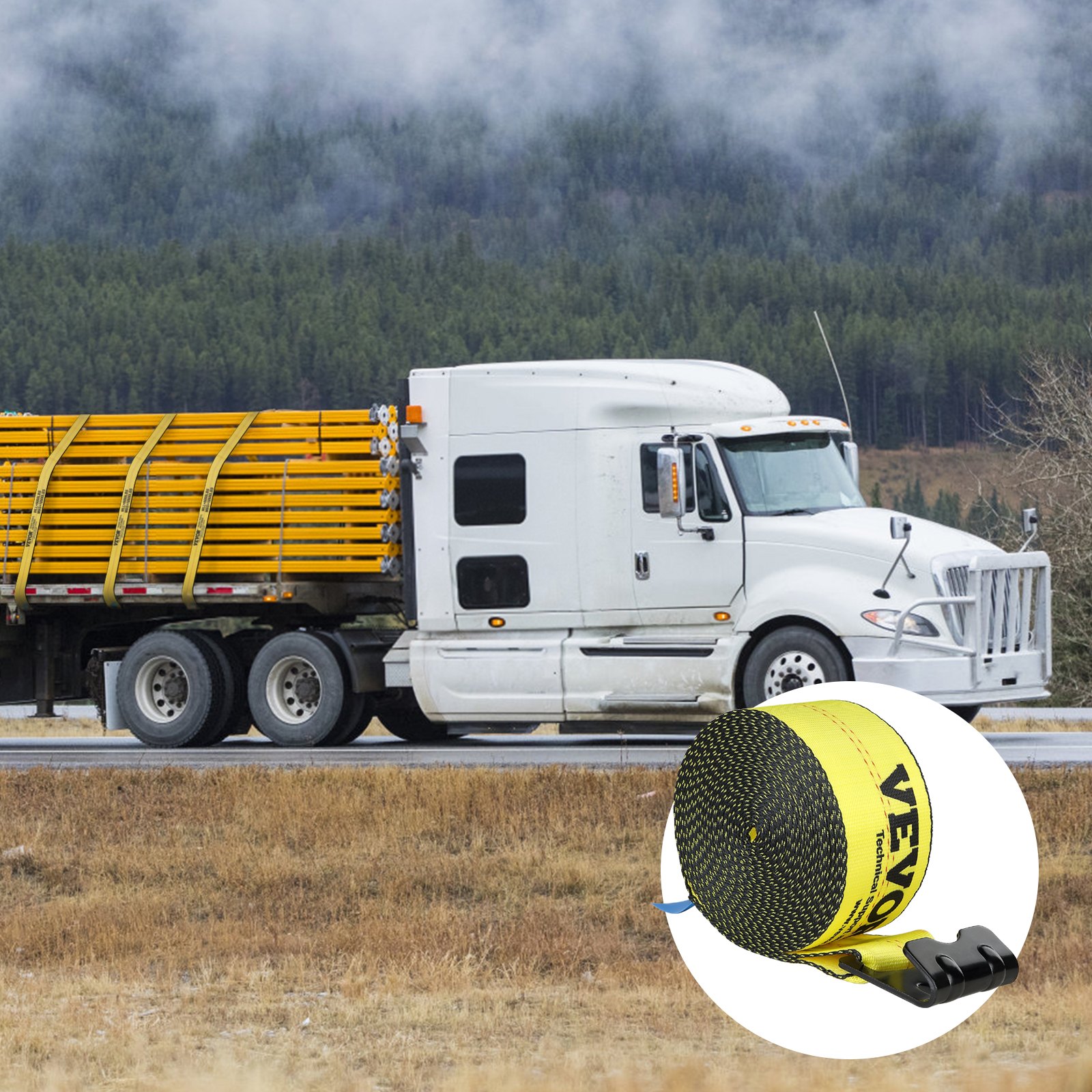 High-visibility yellow webbing of Vevor 6000 lb winch strap for easy inspection and wear detection