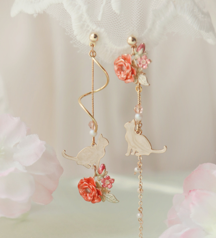 Girly Heart Ins Wind Sweet Cat  Japanese Style Earrings Super Fairy Slim