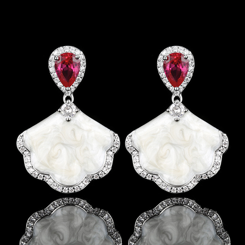 Niche Light Luxury Drop Earrings For Women, Teardrop Blush Tone Simulated Zirconia & Fan Shell Tone Inlay Ear Jewelry Full Pave Shiny Rhinestone Fashion Accessories — view 5