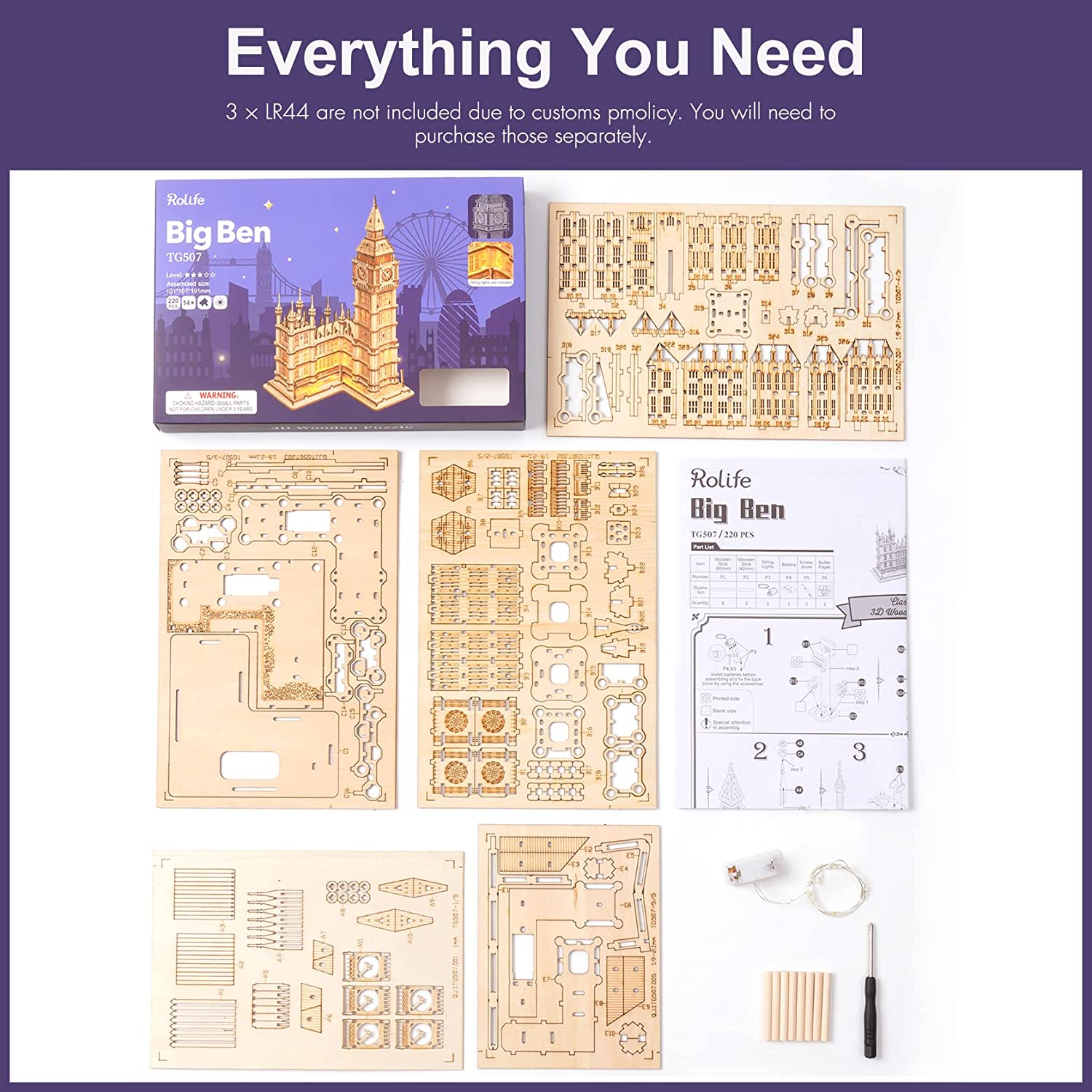 Rolife Big Ben 3D Wooden Puzzle - 220-piece London Architecture Model Set, DIY Collectible Building Toy For Teens And Adults, Unique Desktop Decoration