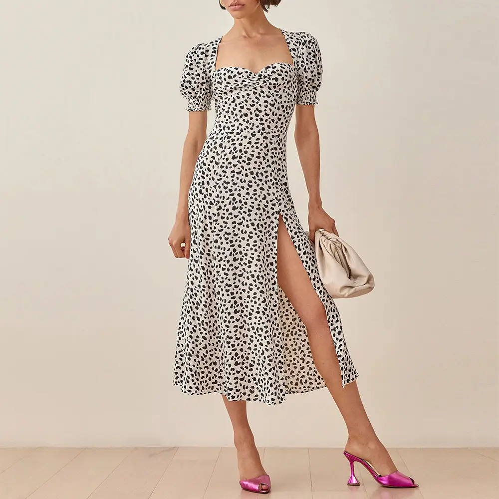 Vintage Casual High Waist Slim Print Square Neck Slit Dress