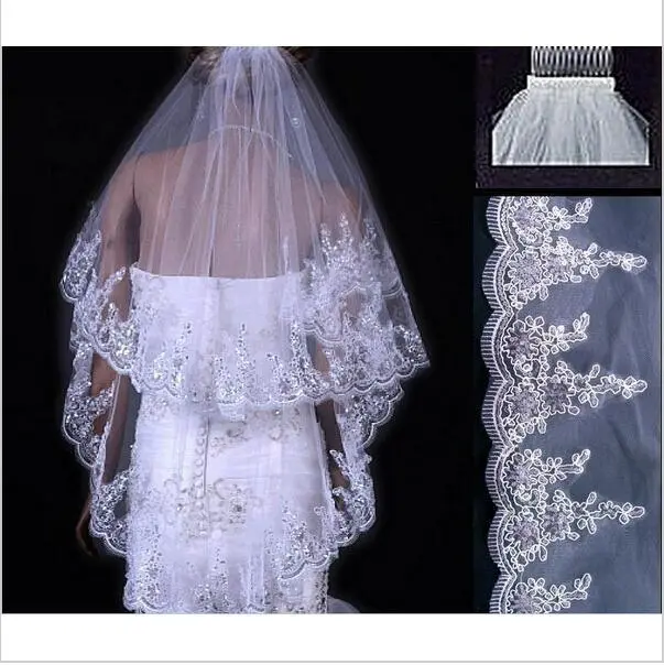 Two layer Sequined Lace With Combed Bridal Veil Ivory - Shop at LoveMi