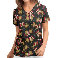 Christmas Printed V-neck Short Sleeve Workwear Workwear Top - O - View 1