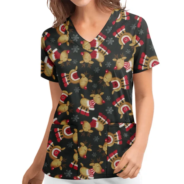 Christmas Printed V neck Short Sleeve Workwear Workwear Top O - Shop at LoveMi