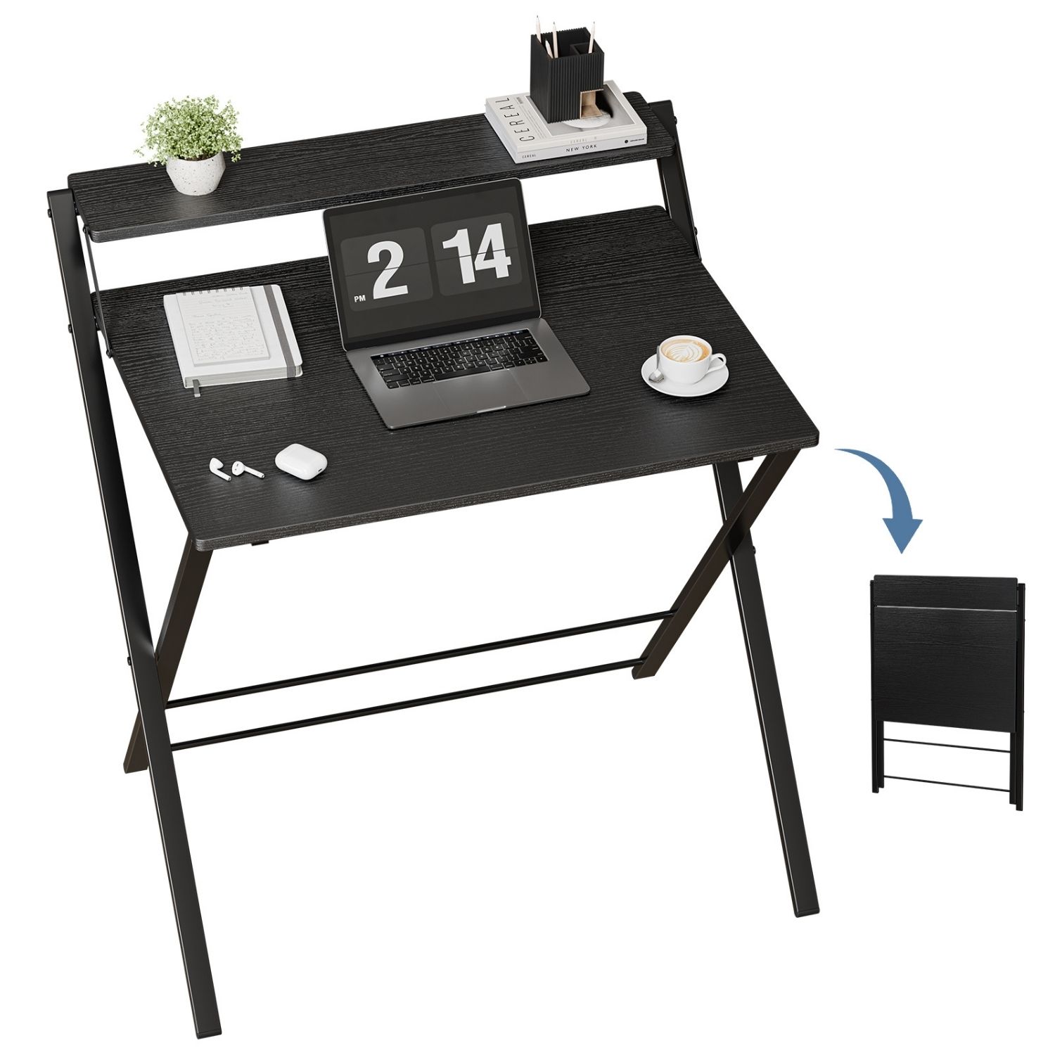 Small Folding Desk With Shelf, No Assembly Compact Computer Table, For Narrow...