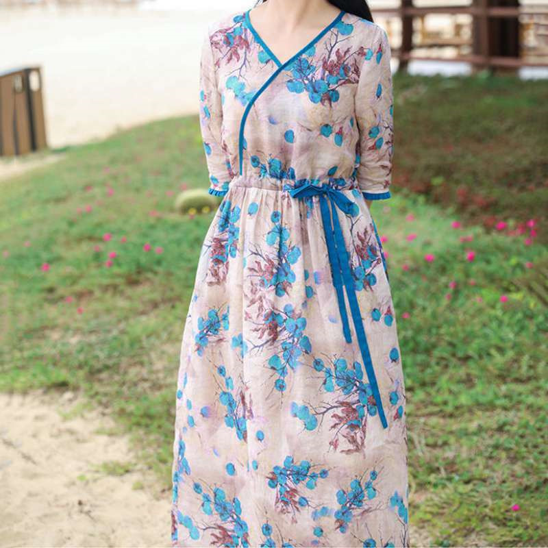 Thin V-neck Tie-waist Imitation Ramie Loose Dress