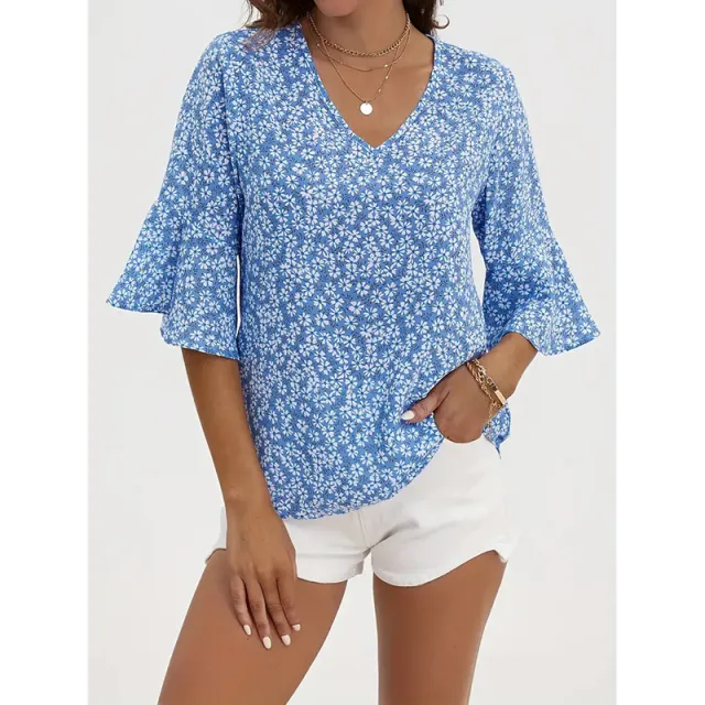Womens Summer Floral Print Blouses V Neck Flare Sleeve Tops Dressy Casual T Shirts Blue - Shop at LoveMi