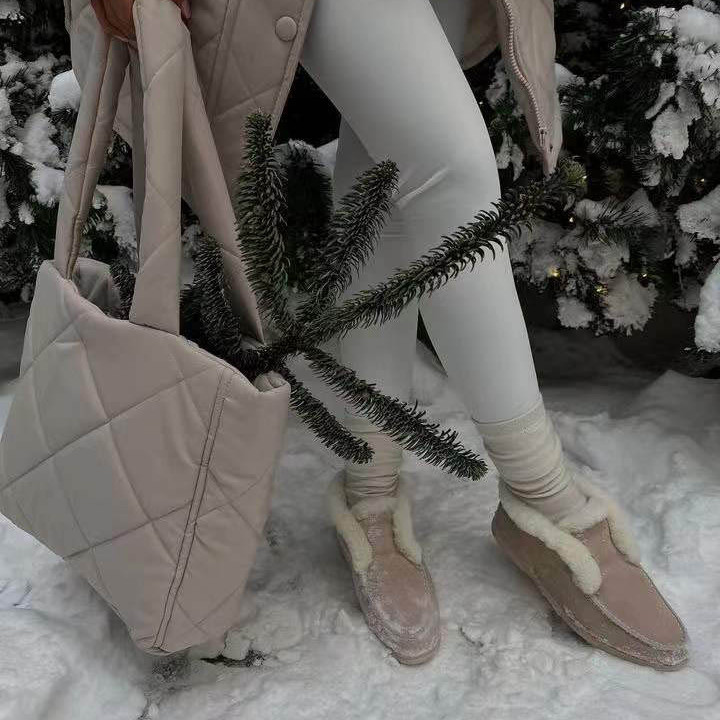 Women's Fashion Rhombus Grid Collar Warm One Shoulder Bag Cotton Jacket Set