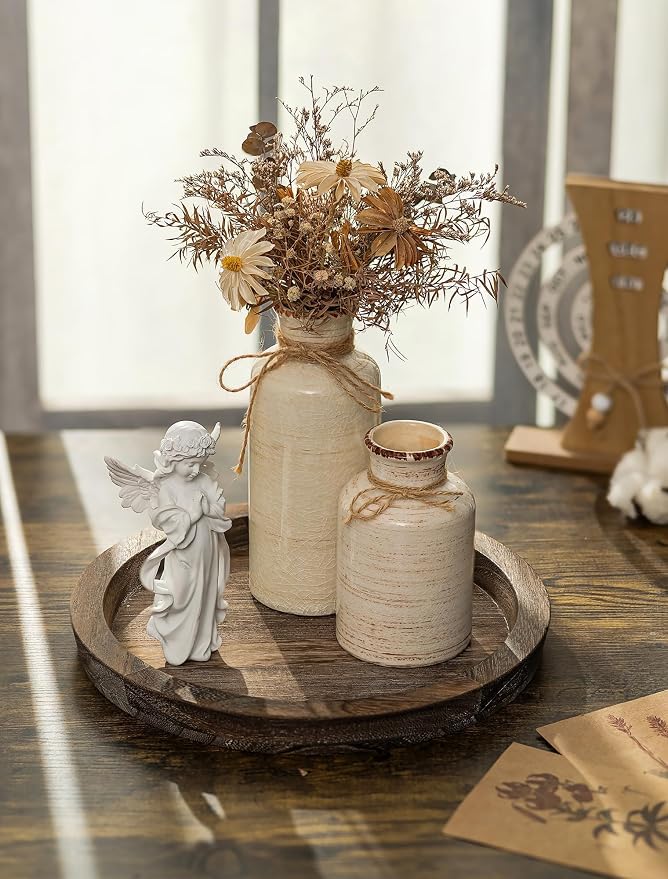 Round Wooden Candle Holder Tray With Distressed Finish For Coffee Table Home Decor 4