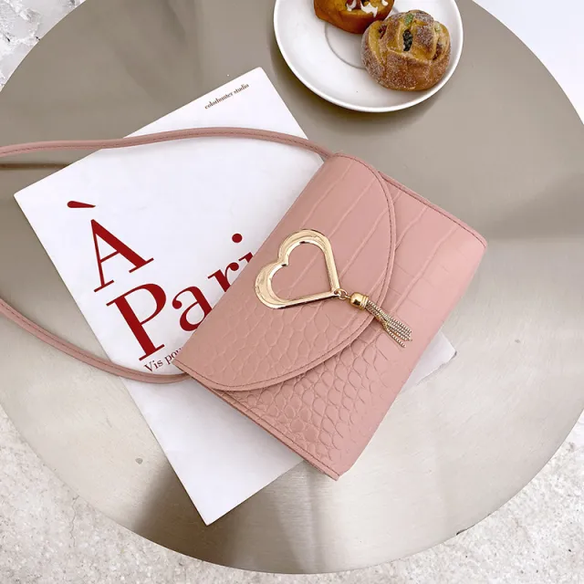 Heart shaped Fringed Pattern Small Square Bag, One shoulder Diagonal Candy Color Female Bag Pink - Shop at LoveMi