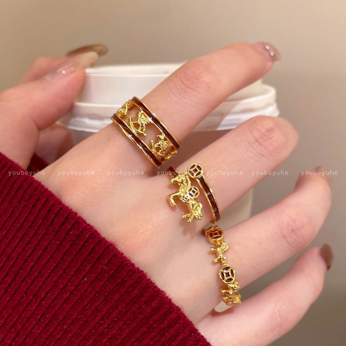 Women's Golden Pony Index Finger Ring, New Year Light Luxury High end Stackable Open Band,... thumbnail 1