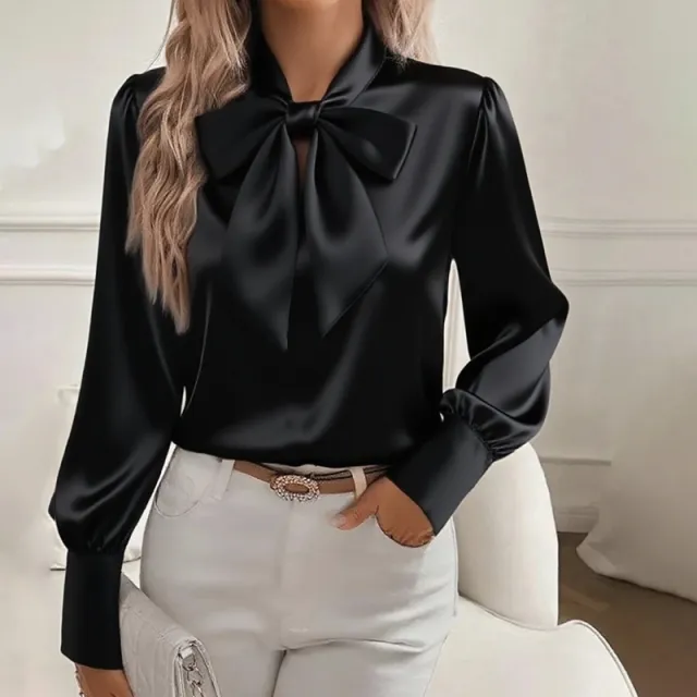 Women's Solid Color Satin Long Sleeve Casual Shirt With Bow Decor Blouse Spring Fall Daily Wear Top Black - Shop at LoveMi