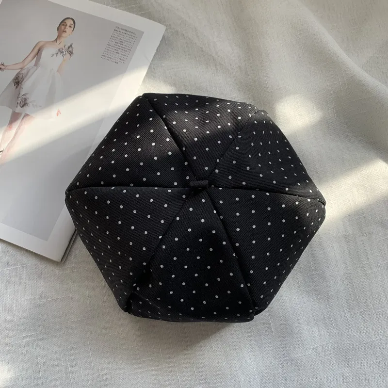 Wave Dot Black Beret Female Elegant - Black