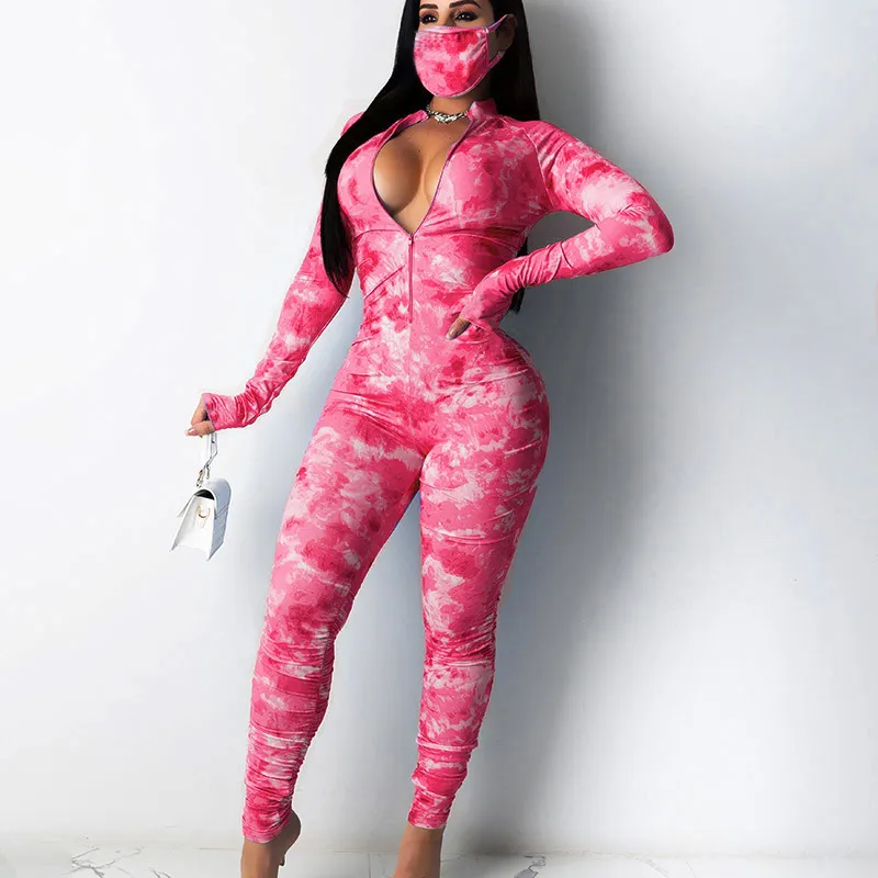New Sports High Waist Tight Hip Raise Tie Dye Folded Bodysuit - Rose