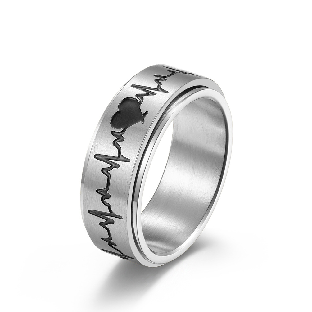 Title 6, Titanium Steel Rotating ECG Couple Ring Stainle...