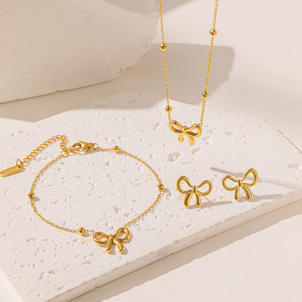 Gold Plated Stainless Steel Bow Jewelry Set For Women, Dainty Bow Pendant Necklace Bracelet Stud Earrings Set, Minimalist Stackable Jewelry Gift 4