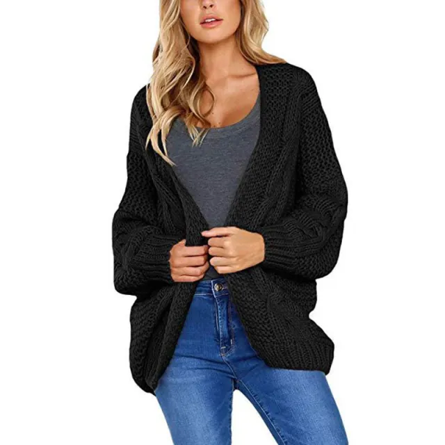 Women's Solid Color Thick Needle Loose Plus Size Knitwear Sweater Twist Cardigan Black - Shop at LoveMi