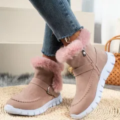 New Snow Boots Winter Warm Thickened Solid Colour Plush Ankle Boots With Buckle Design Plus Velvet Flat Shoes For Women - Pink - View 1