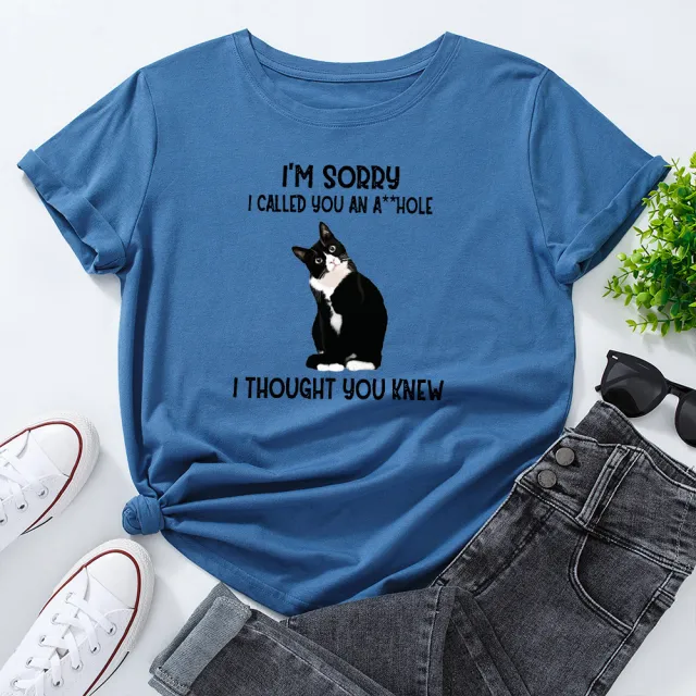 Beautiful Women's Cute Letter Cat Print Loose Round Neck Short sleeved T shirt Women Blue - Shop at LoveMi