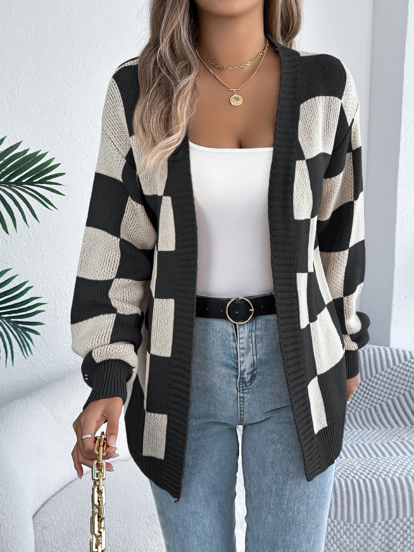 Color Block Plaid Lantern Sleeve Cardigan Sweater Mid-Length Coat - Image 15