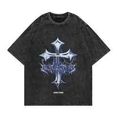 High Street Short Sleeve Washed Distressed Cross Hip Hop T-Shirt - Black - View 1