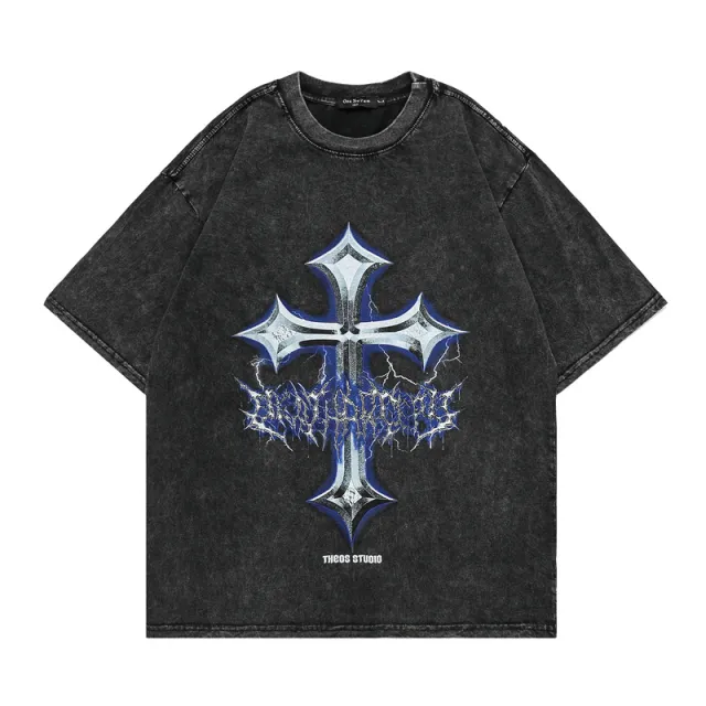 High Street Short Sleeve Washed Distressed Cross Hip Hop T Shirt Black - Shop at LoveMi