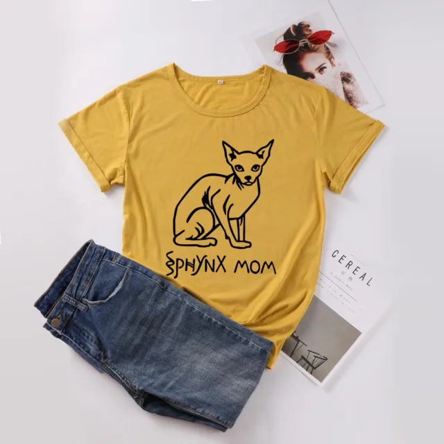 Women's Hairless Cat Pattern Letter Street Short Sleeve Turmeric Black - Shop at LoveMi