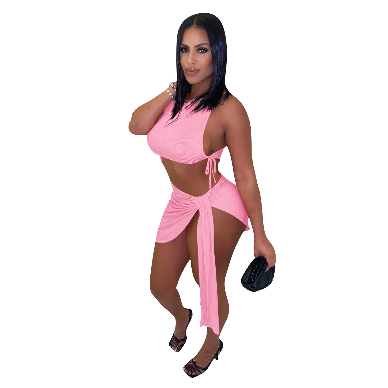 Fashion Women's Polyester Ribbed Tie Skirt Suit