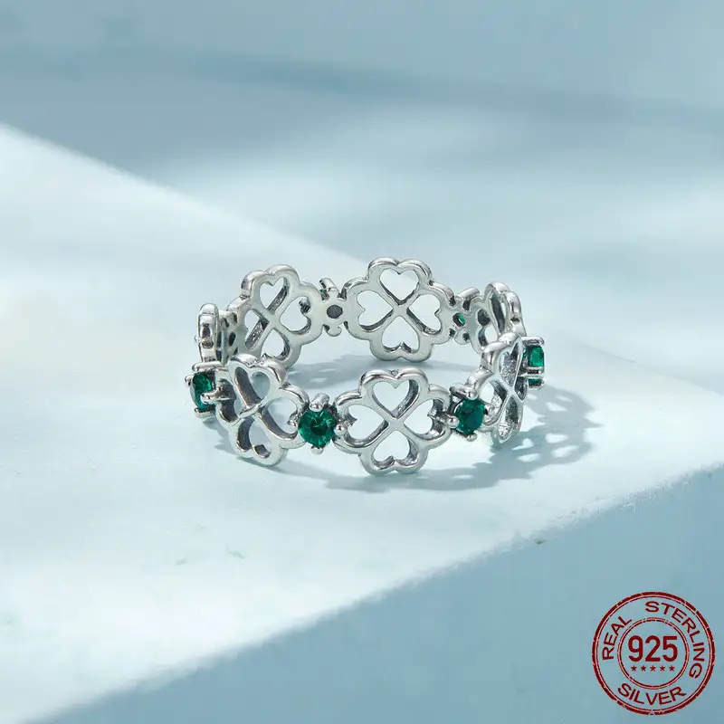 New Four-leaf Clover Ring For Women Summer Little S925 Silver Green