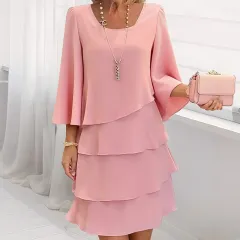 Women's Long Sleeve Crew Neck Tiered Layered Midi Dress , Asymmetrical Hem A-Line Short Elegant Party Dress - Pink - View 1