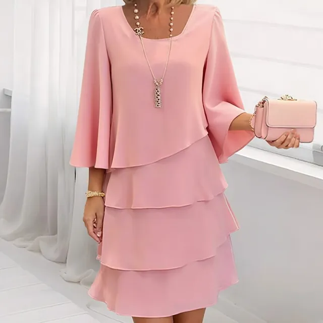 Women's Long Sleeve Crew Neck Tiered Layered Midi Dress , Asymmetrical Hem A Line Short Elegant Party Dress Pink - Shop at LoveMi