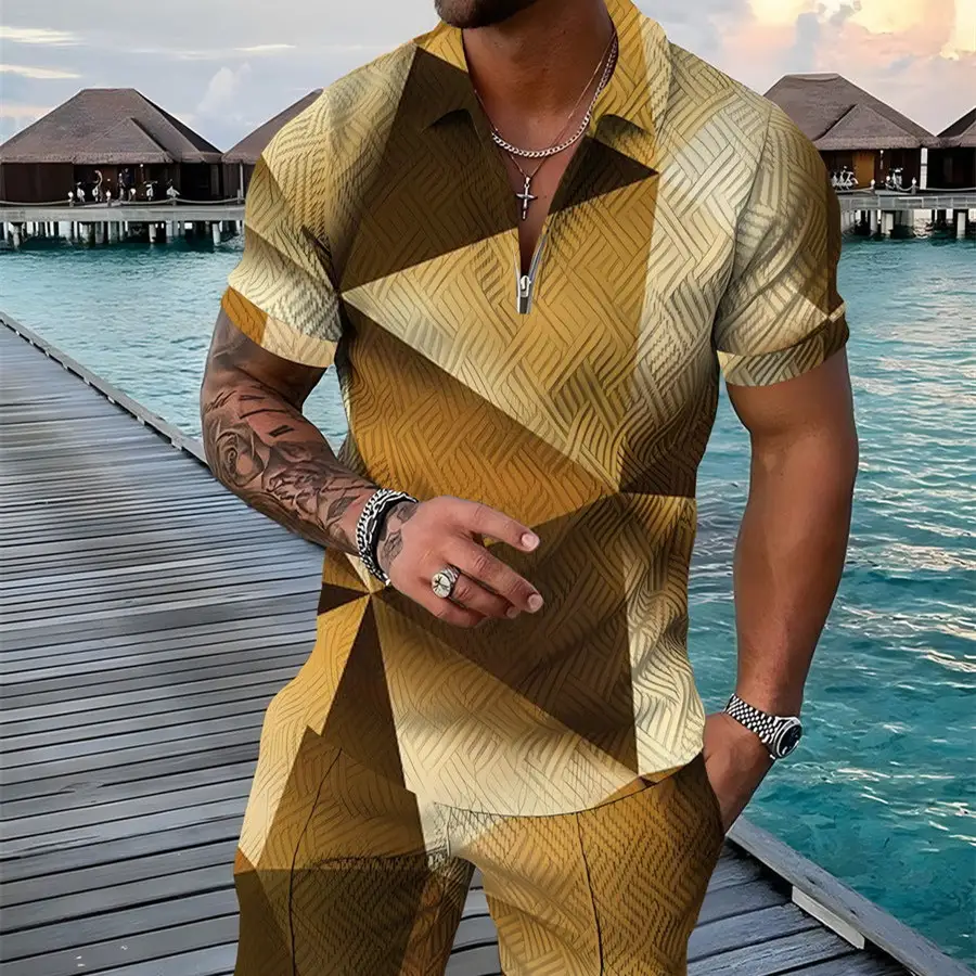 Men's Summer Fashion 3D Printed Short Sleeve Geometric Zip Lapel Shirt Set