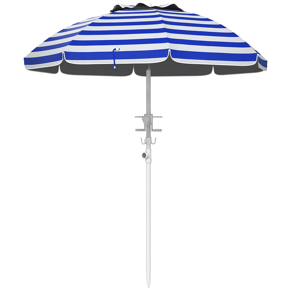 5.7' Beach Umbrella For Travel With Tilt, Adjustable Height, 2 Cup Holders, Hooks, Vent, Ruffles, Blue Stripe, Sapphire Blue