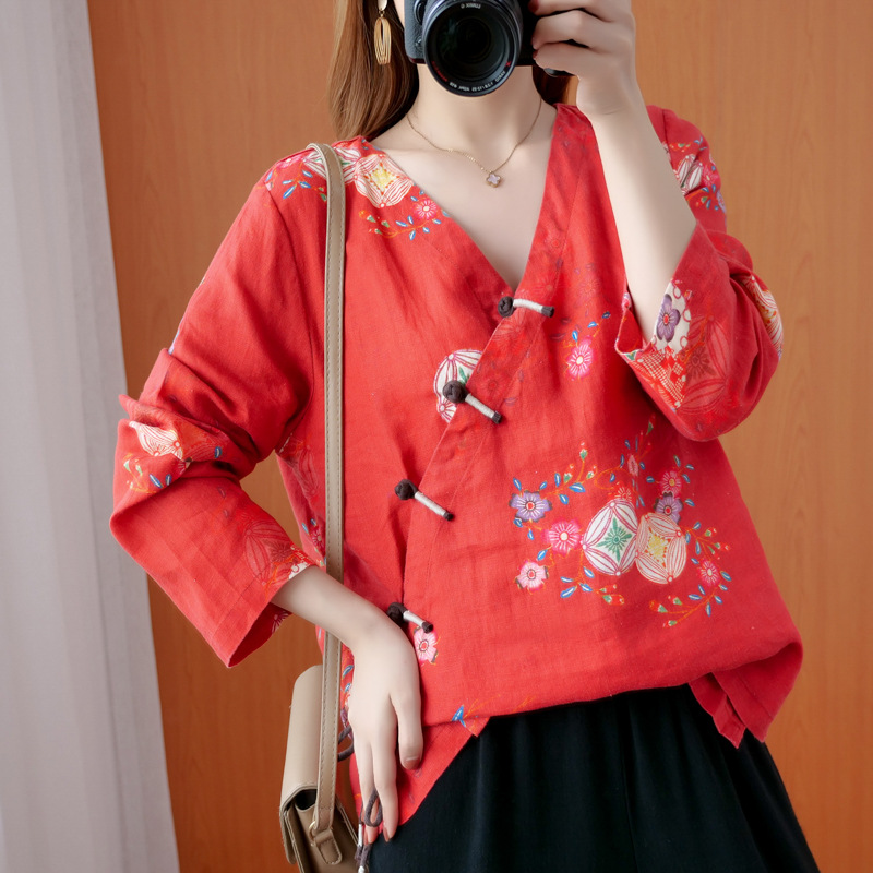 Chinese Style Print Retro Large Size Shirt