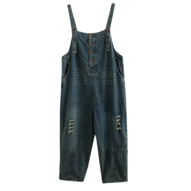 Large Size Women's Literary Retro Loose Ripped Denim Overalls Blue - Shop at LoveMi