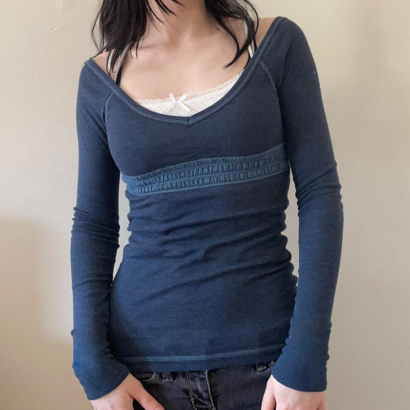 Slim Lace Stitching Casual Fashion Pullover Long sleeved Top Female Blue - Shop at LoveMi