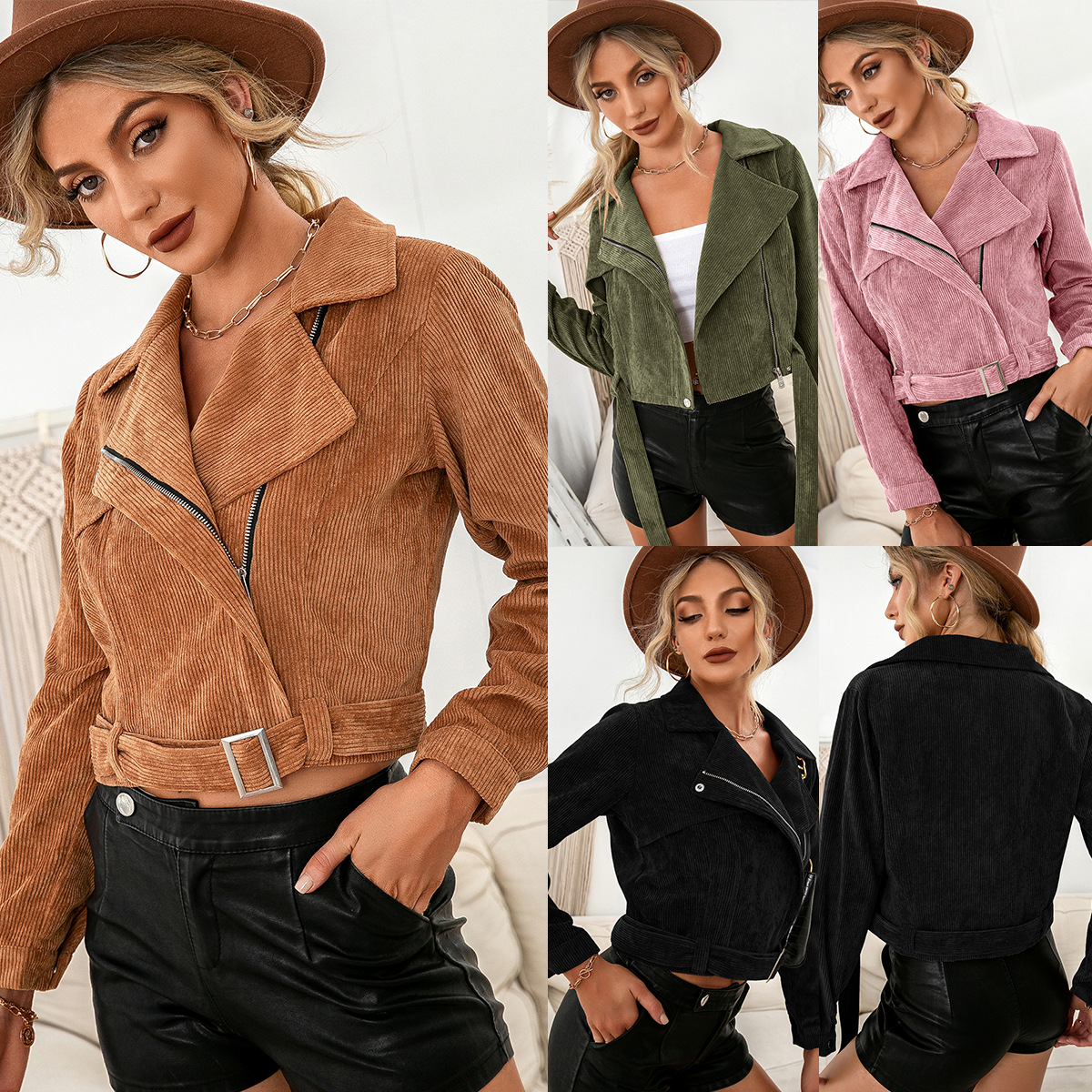 Corduroy Casual Side Zip Short Jacket Coat Top Women