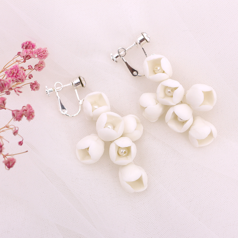 Title 5, White Ceramic Flower Ear Clip With Pearl Handmade